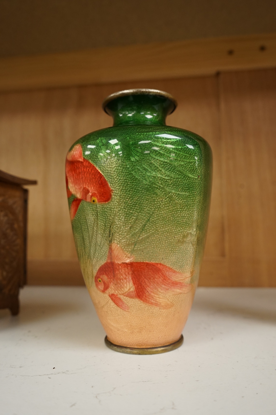 A Japanese ginbari enamel ‘koi carp’ vase, early 20th century, 18cm high